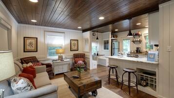 Smart TV, fireplace, video games, DVD player