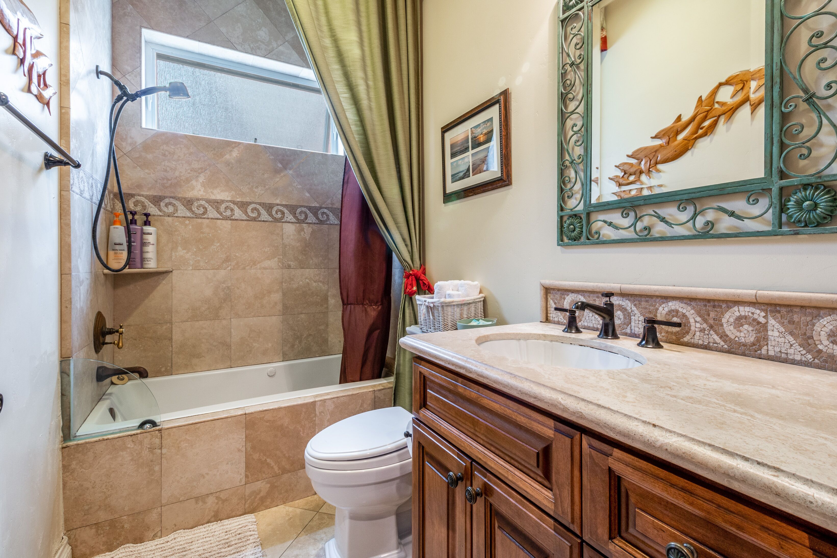 Bathtub, hair dryer, towels, soap