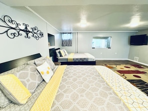 5 bedrooms, memory foam beds, desk, iron/ironing board