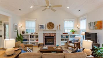 Smart TV, fireplace, books, music library