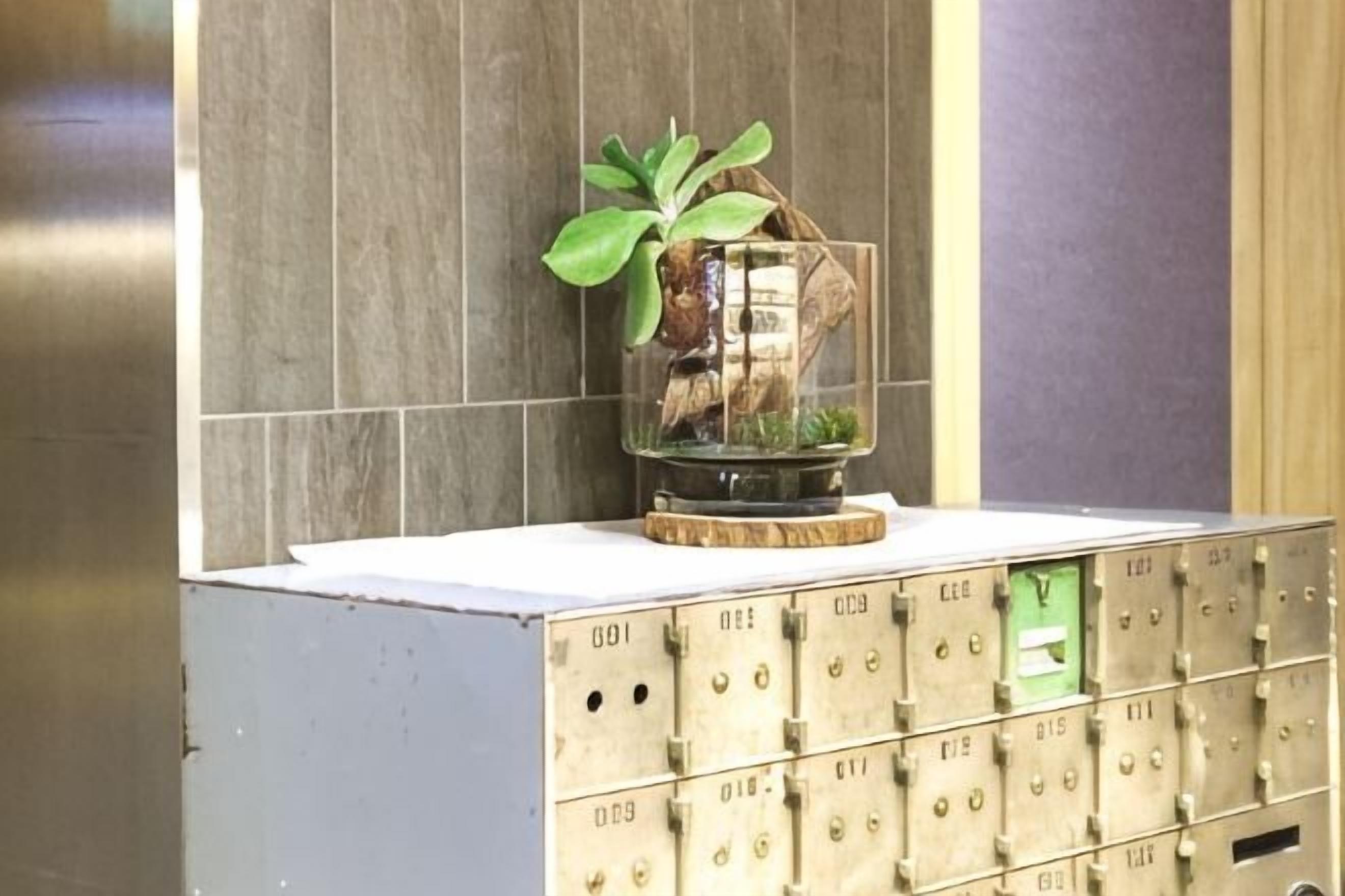 A metal safe with a plant in a glass container on top, set against a tiled wall.