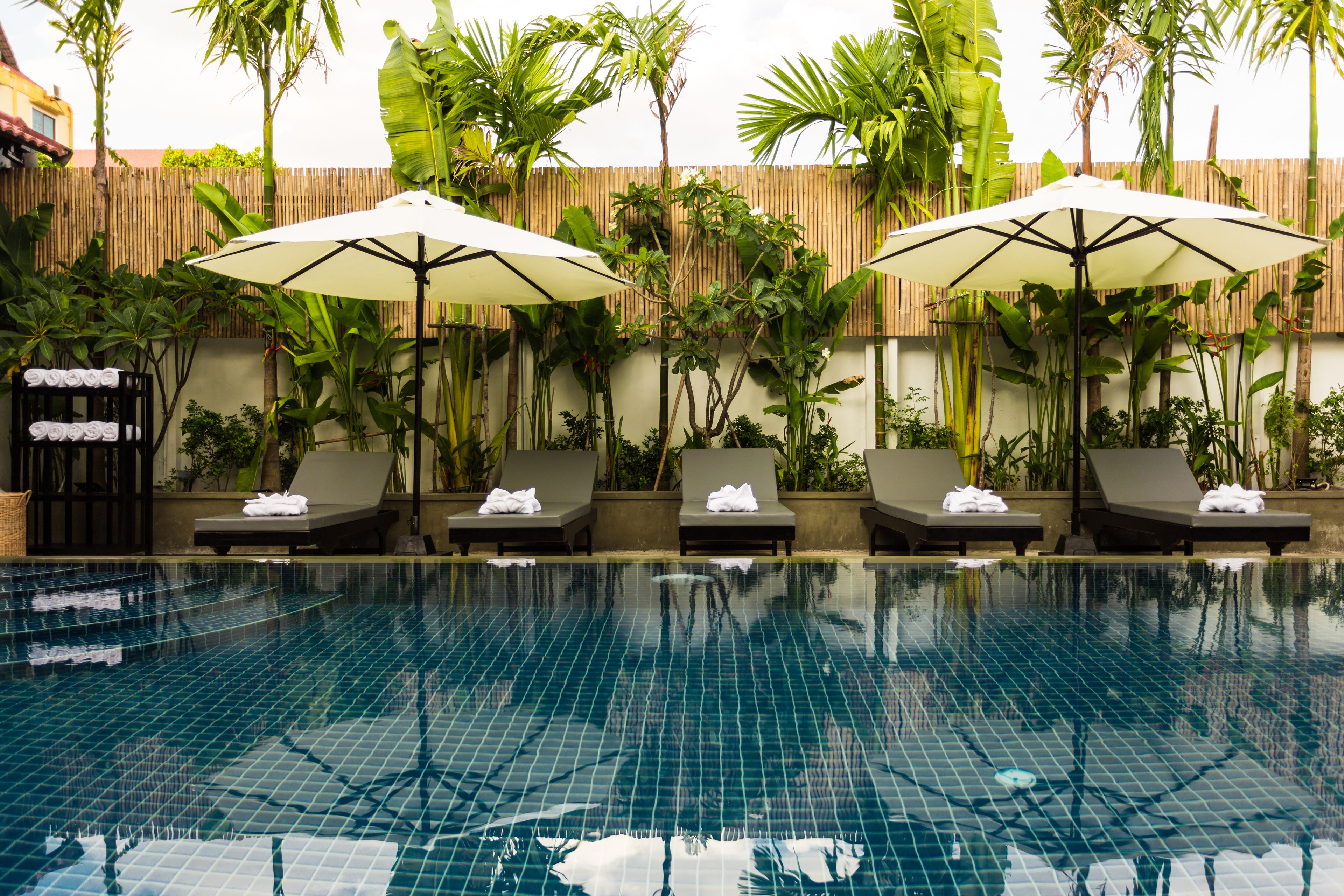 outdoor pool, pool umbrellas, pool loungers