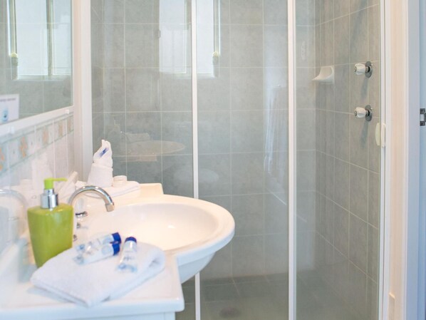 A bathroom with a white sink, a mirror, and a glass shower enclosure. - SkyLodge Temora (Temora)
