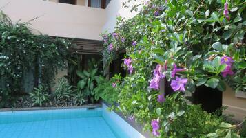 A pool area with a tiled floor, surrounded by lush greenery and flowering plants.
