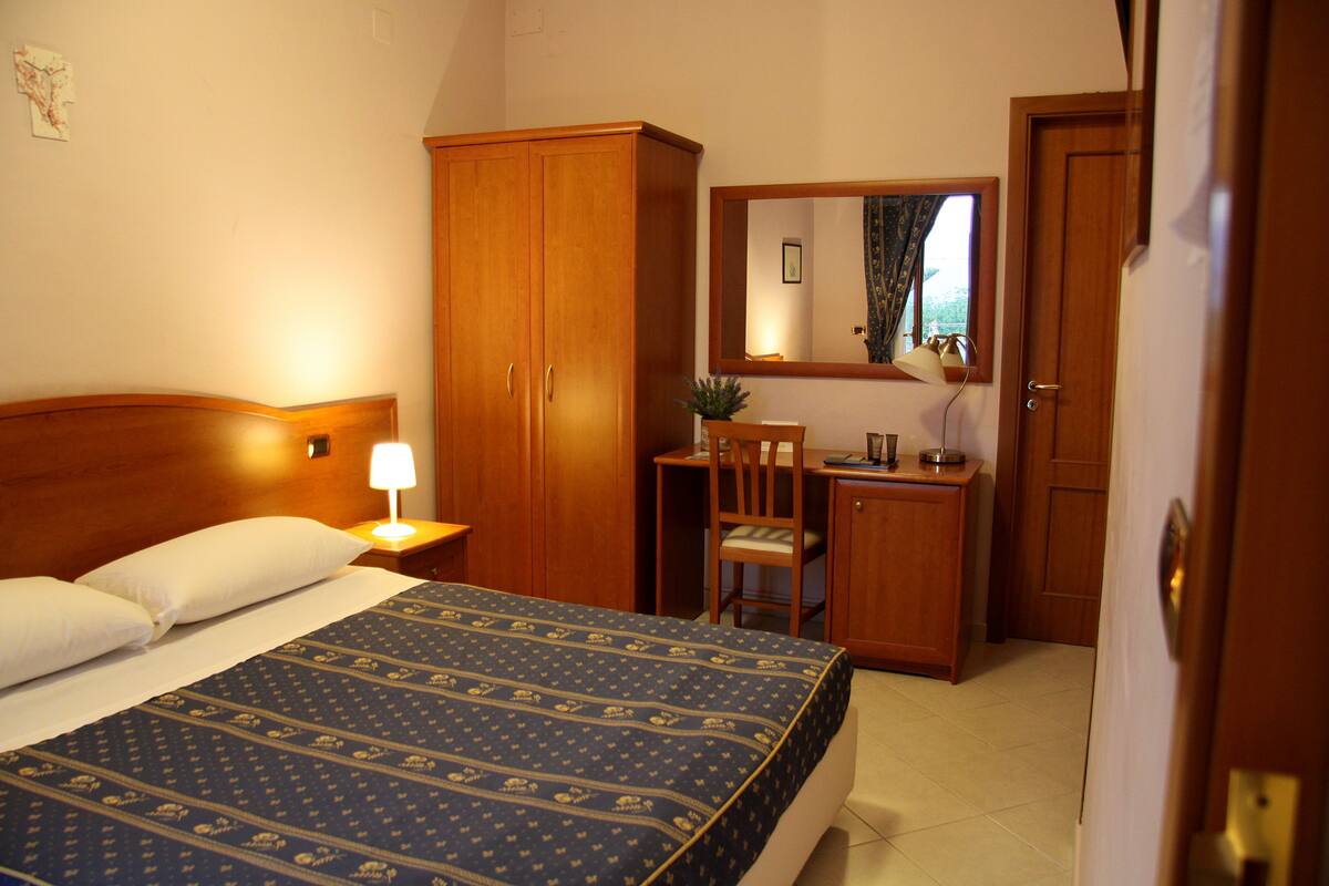 Una habitación de hotel con cama, escritorio, silla, armario y espejo.