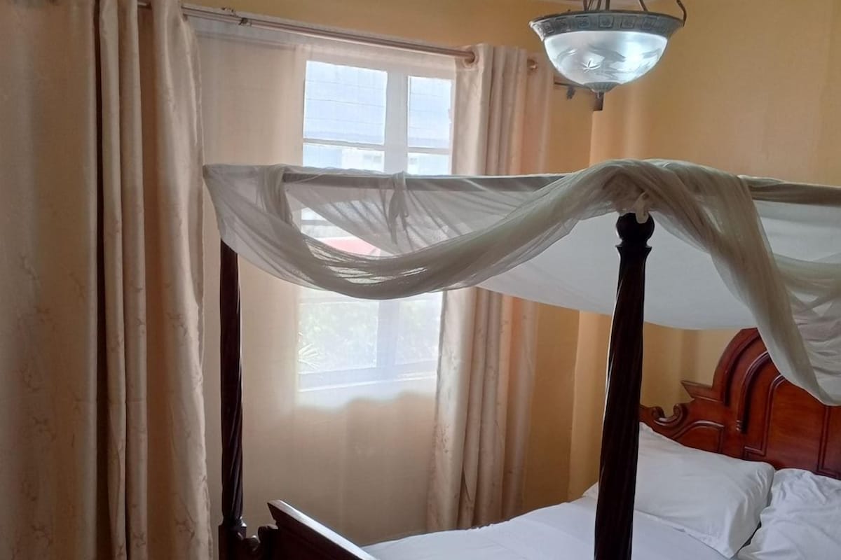 Un lit à baldaquin, une fenêtre avec des rideaux et un luminaire suspendu.