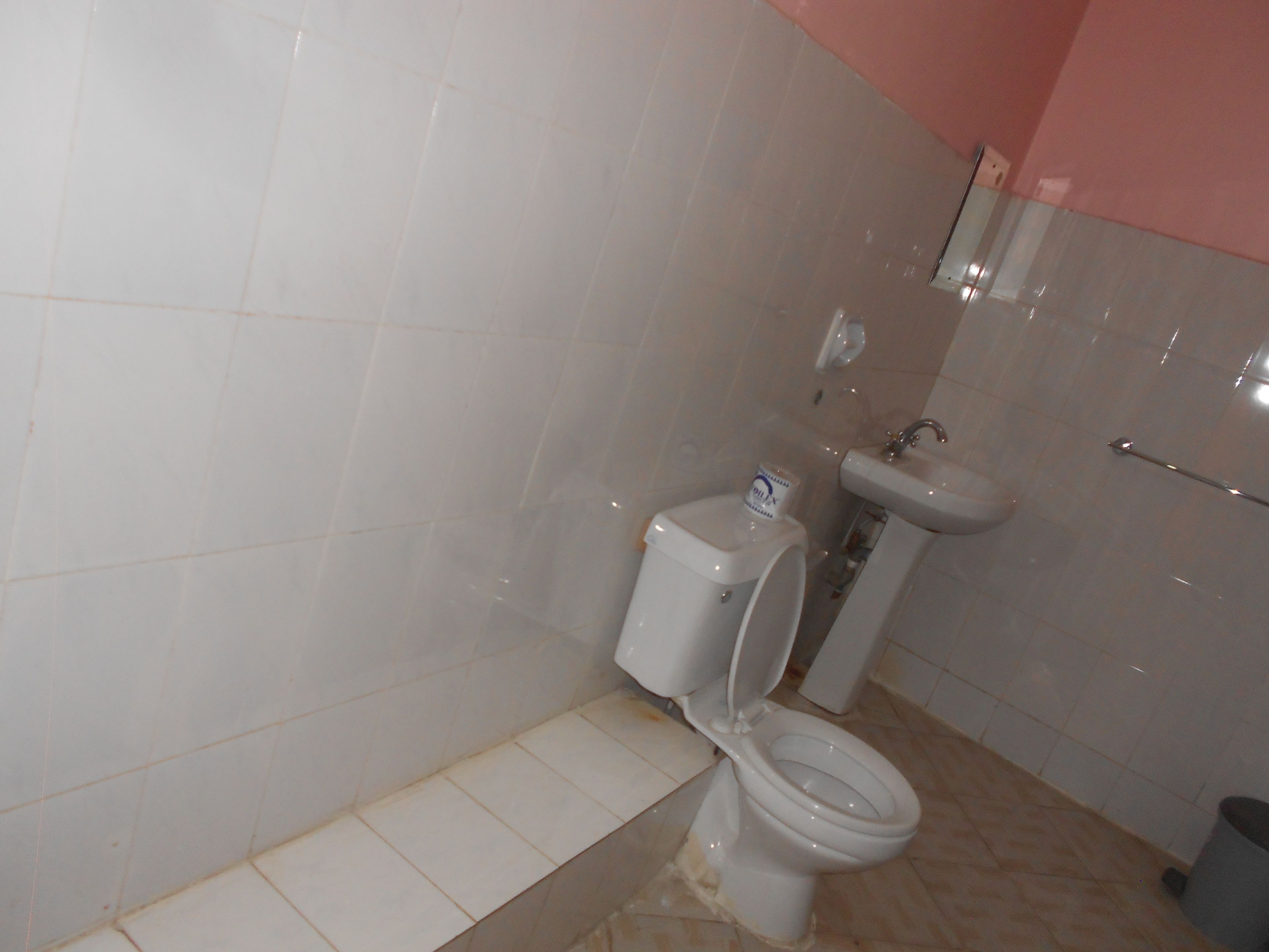 A bathroom with a toilet, sink, and tiled walls.