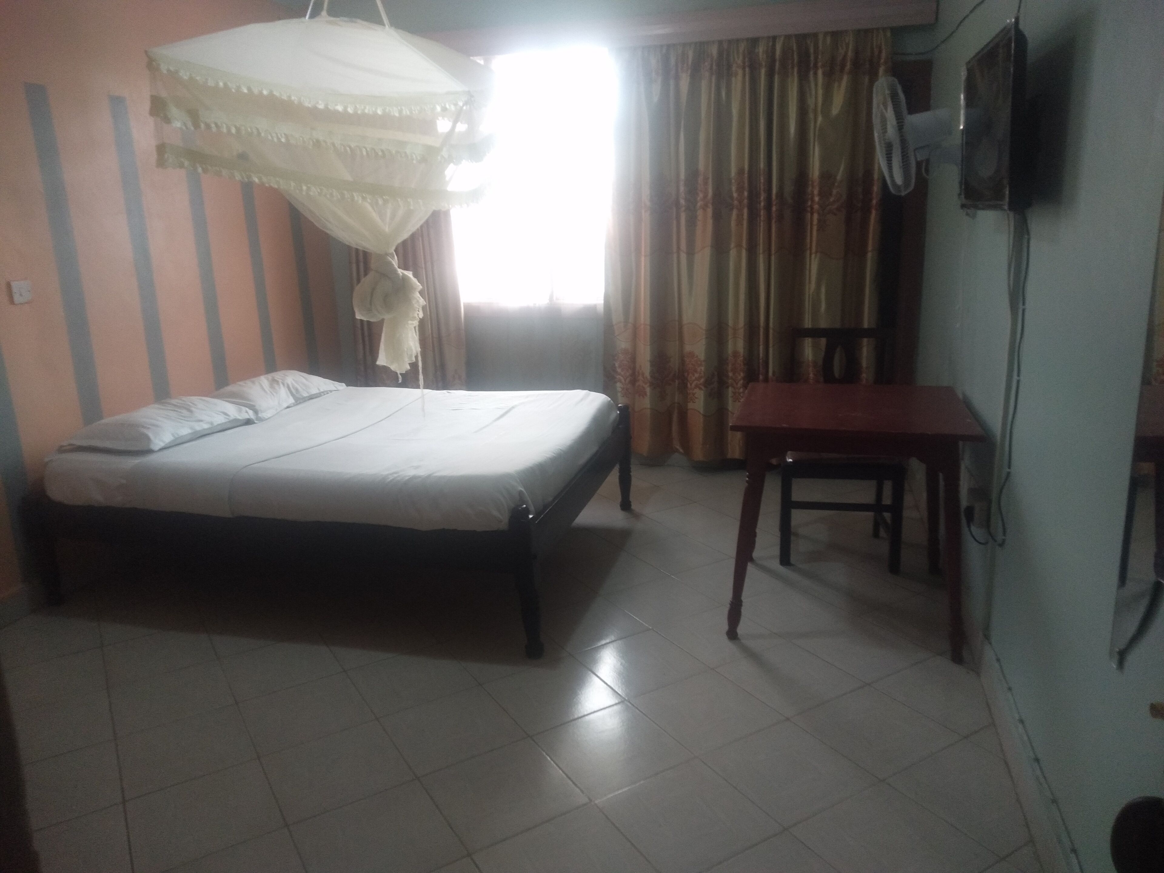 A room with a bed, a table, a TV, and a mosquito net.