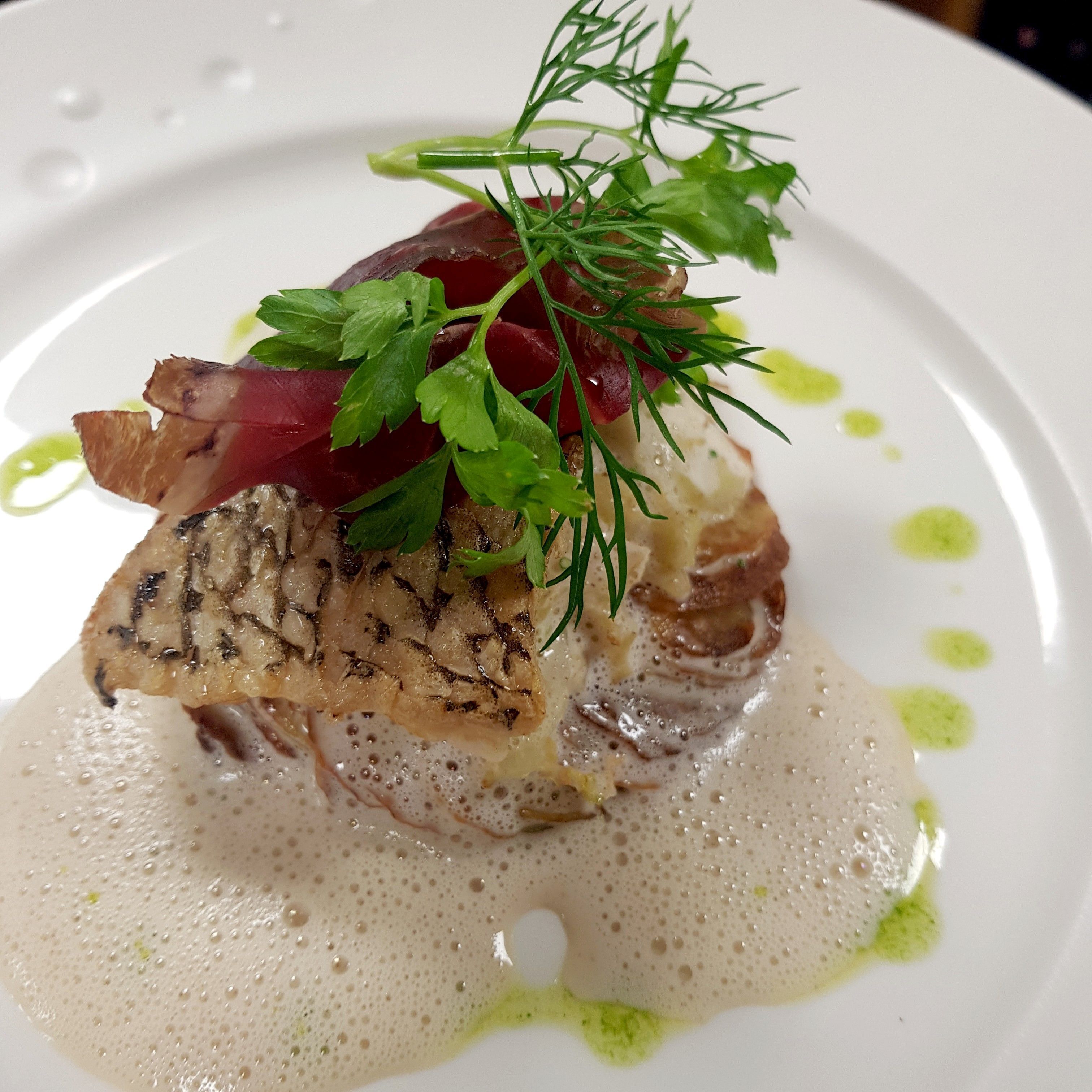 A plate of food with a fish fillet, vegetables, and a garnish.