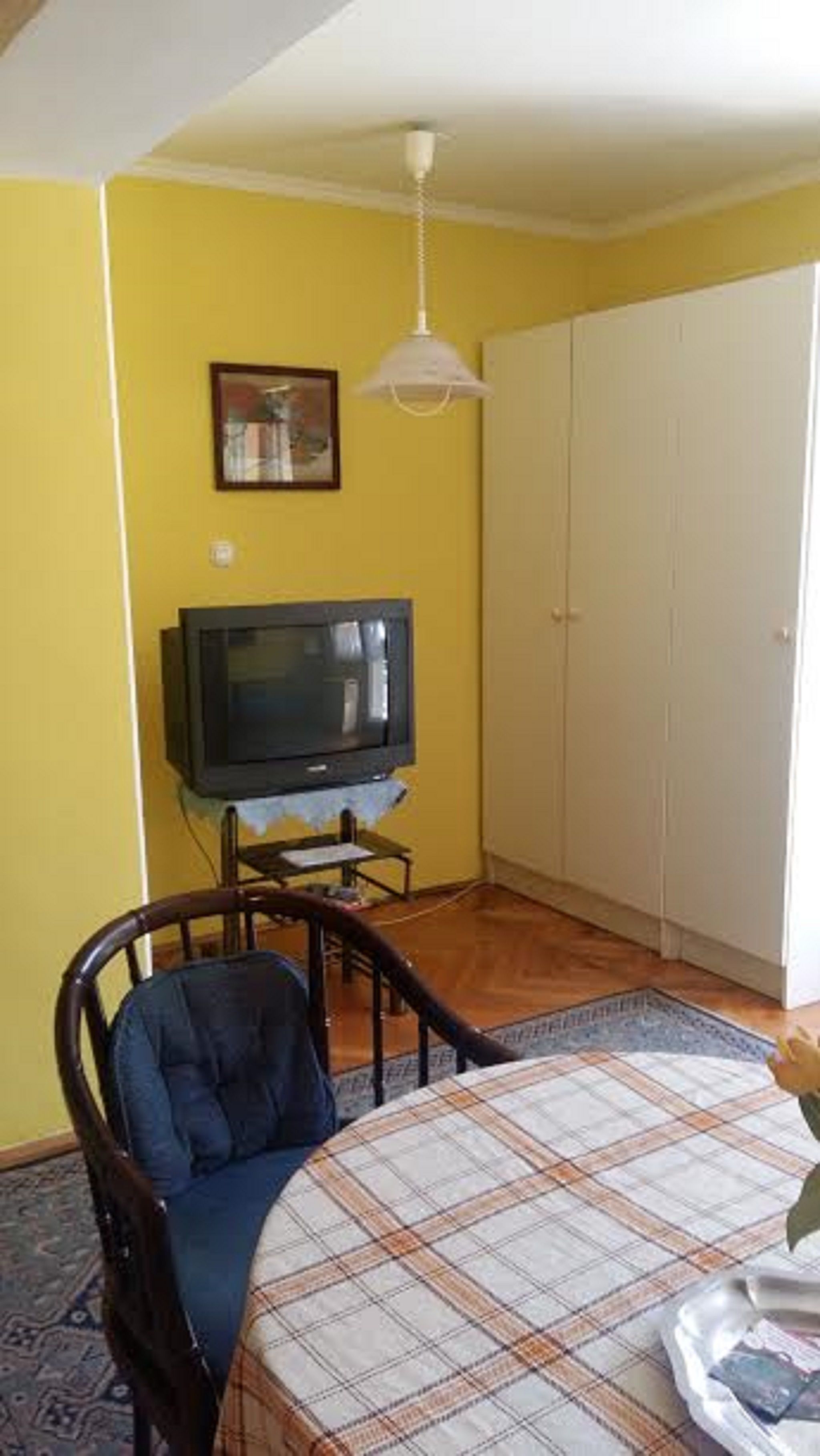 A room with a dining table, chairs, a television, and a wardrobe.