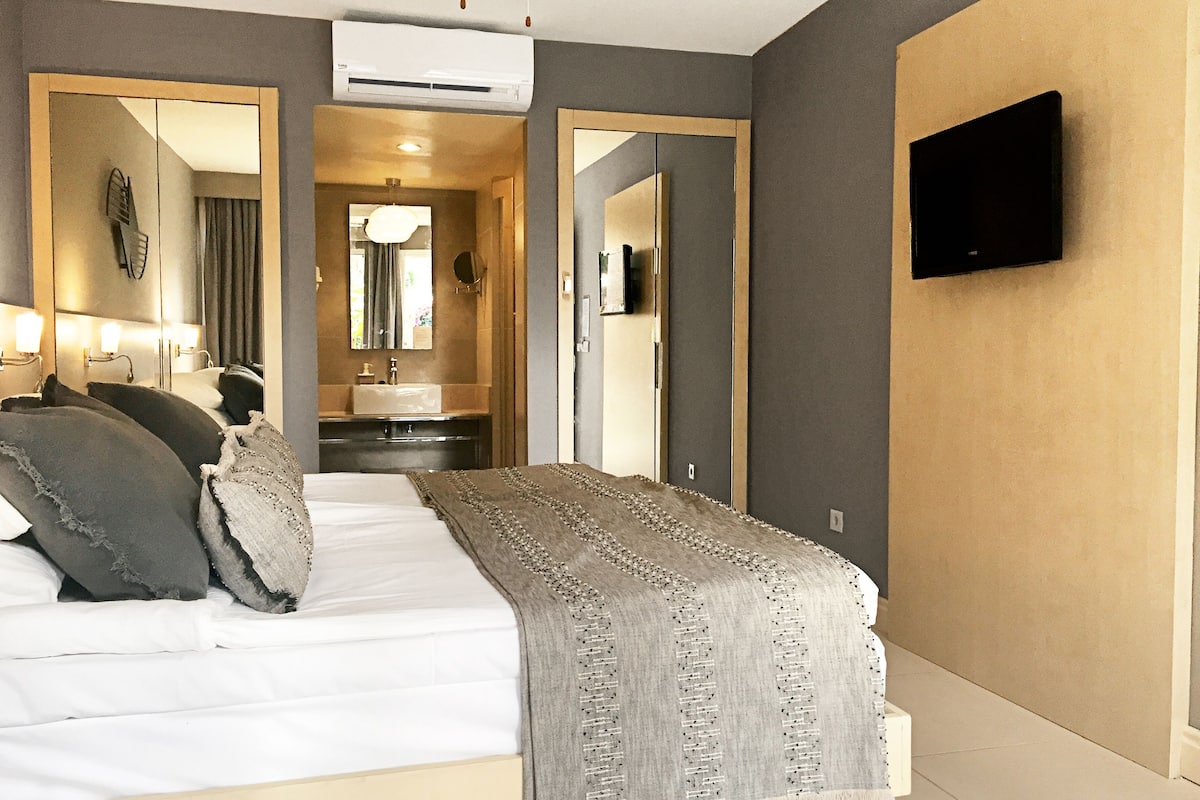 Une chambre d’hôtel avec un lit, une télévision, un miroir et une salle de bain visible à travers une porte ouverte.