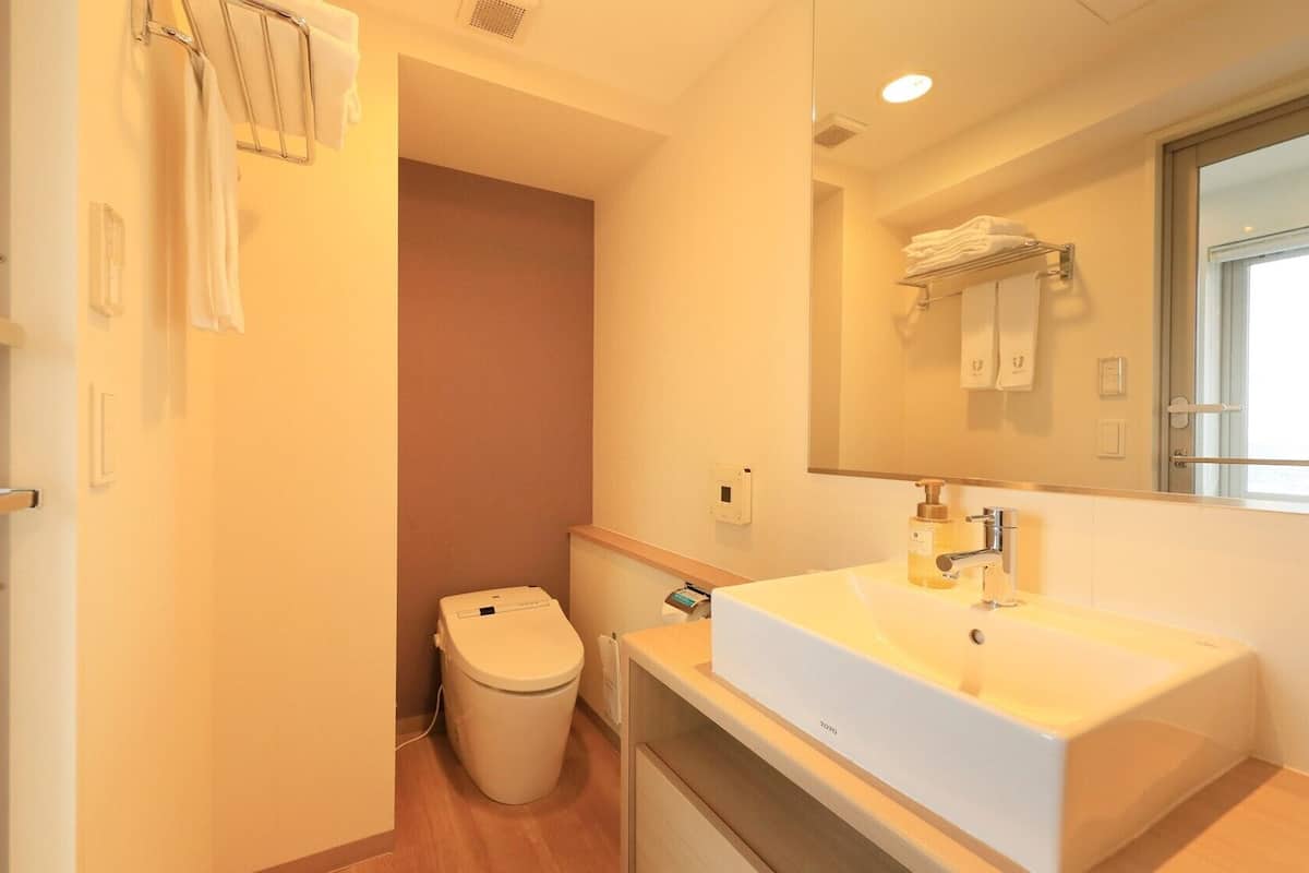A modern bathroom with a white sink, a toilet, and a mirror.