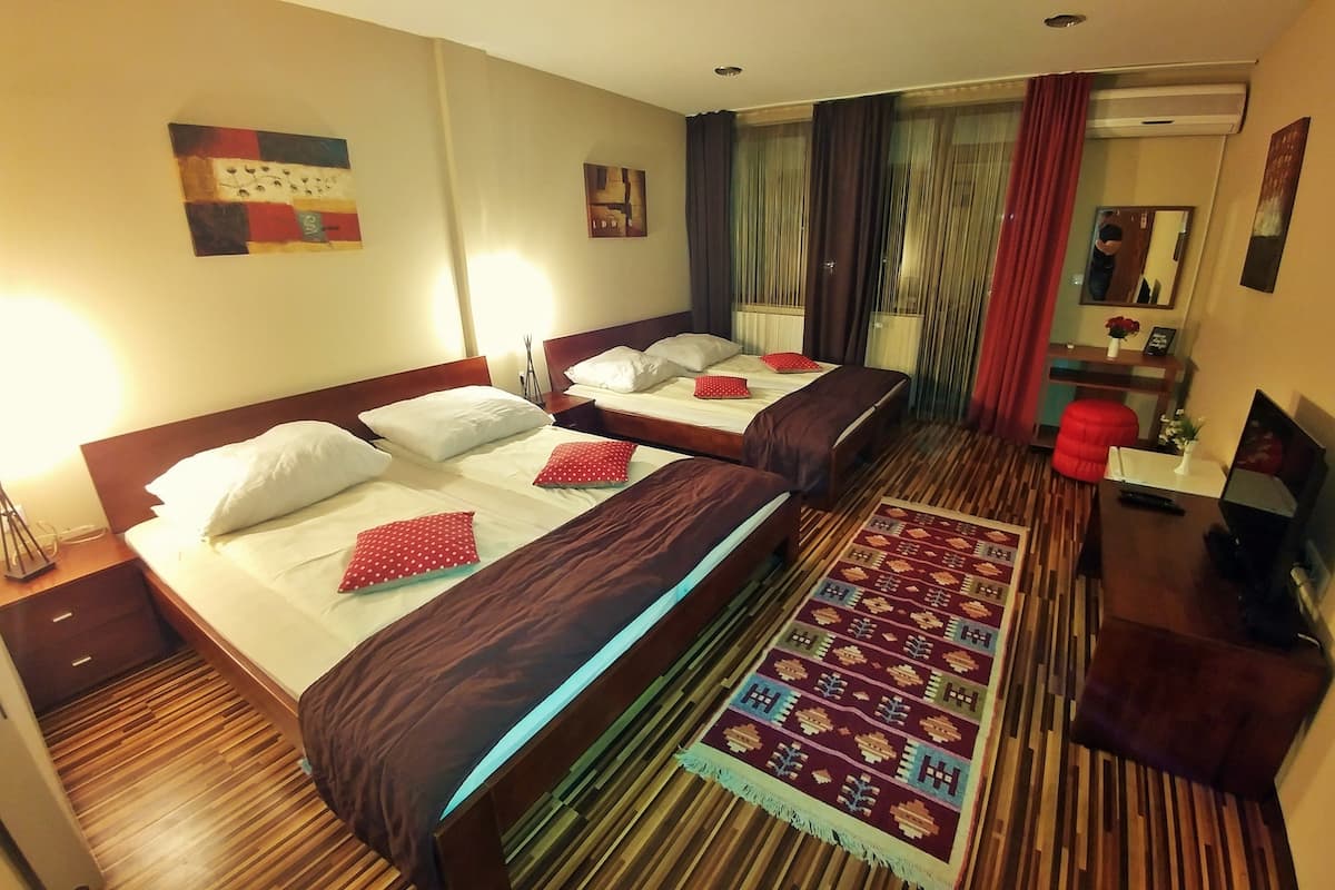 A hotel room with two beds, a TV, a mirror, and a patterned rug.