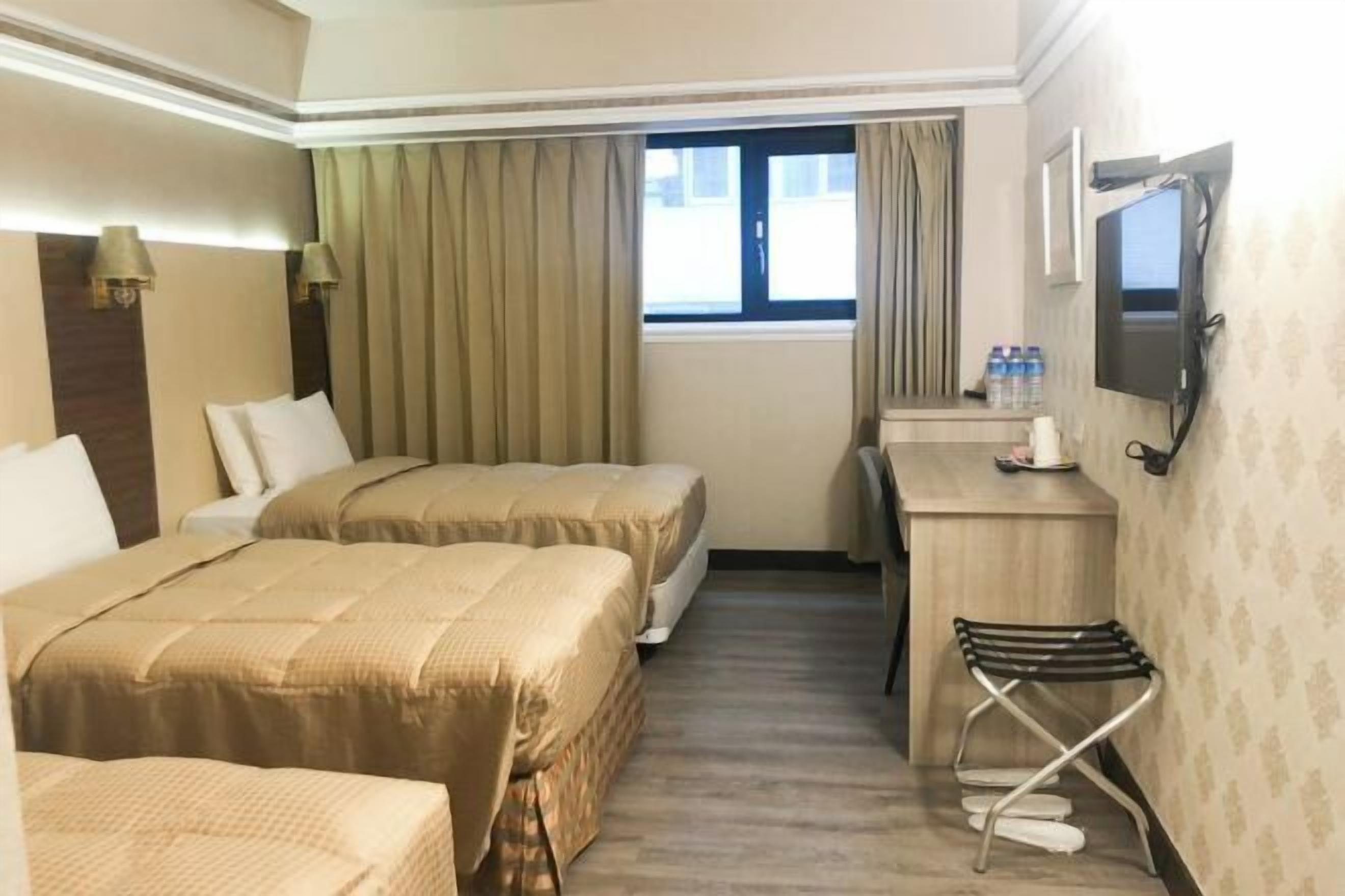 Desk, laptop workspace, blackout drapes, soundproofing