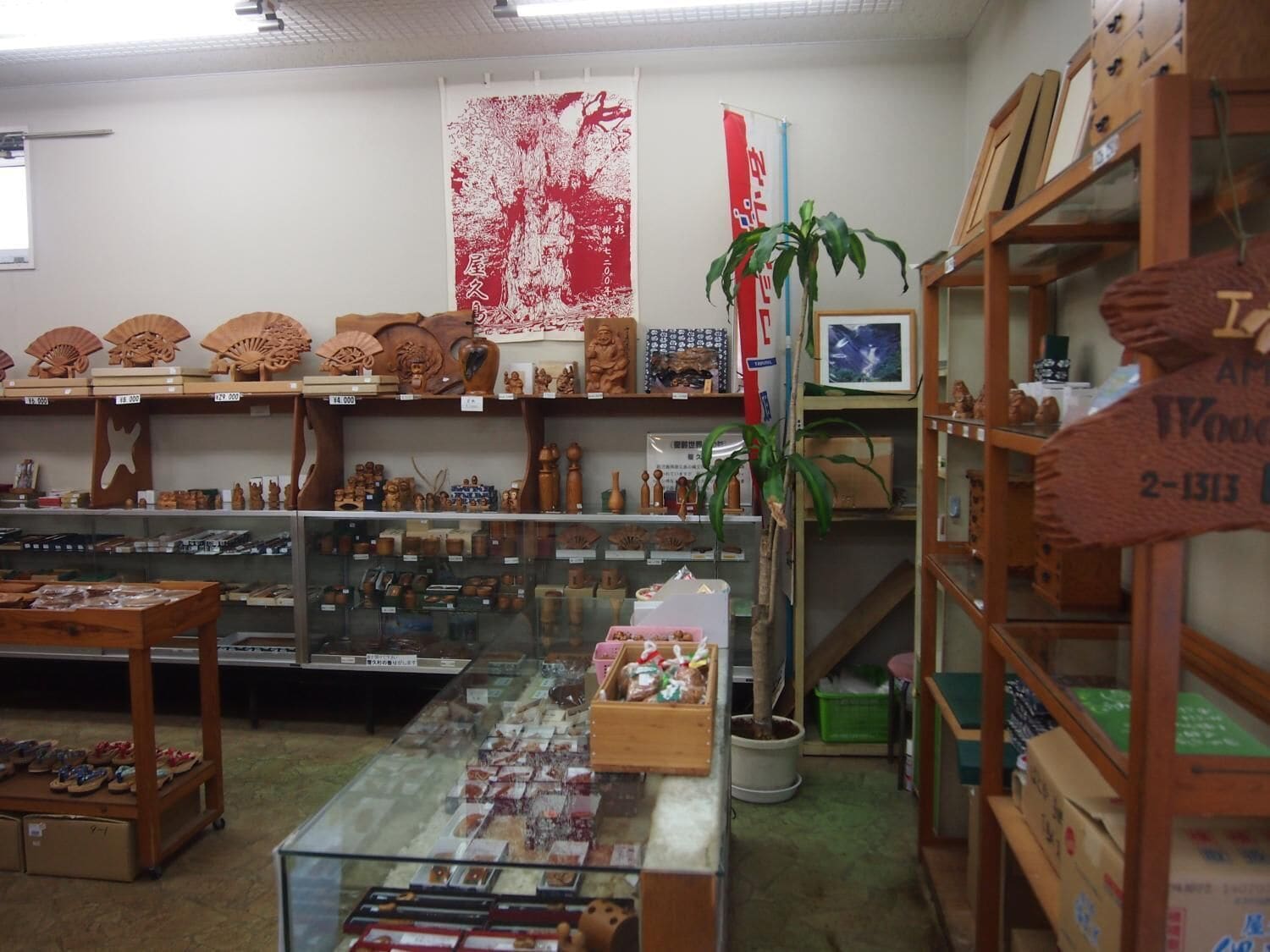 Een winkel met planken vol houten producten en een vitrine met diverse waren.