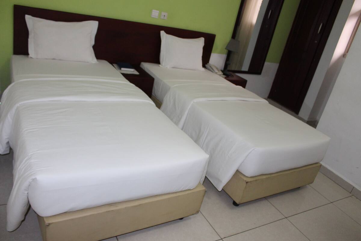 A hotel room with two single beds, a nightstand with a phone, and a mirror on the wall.