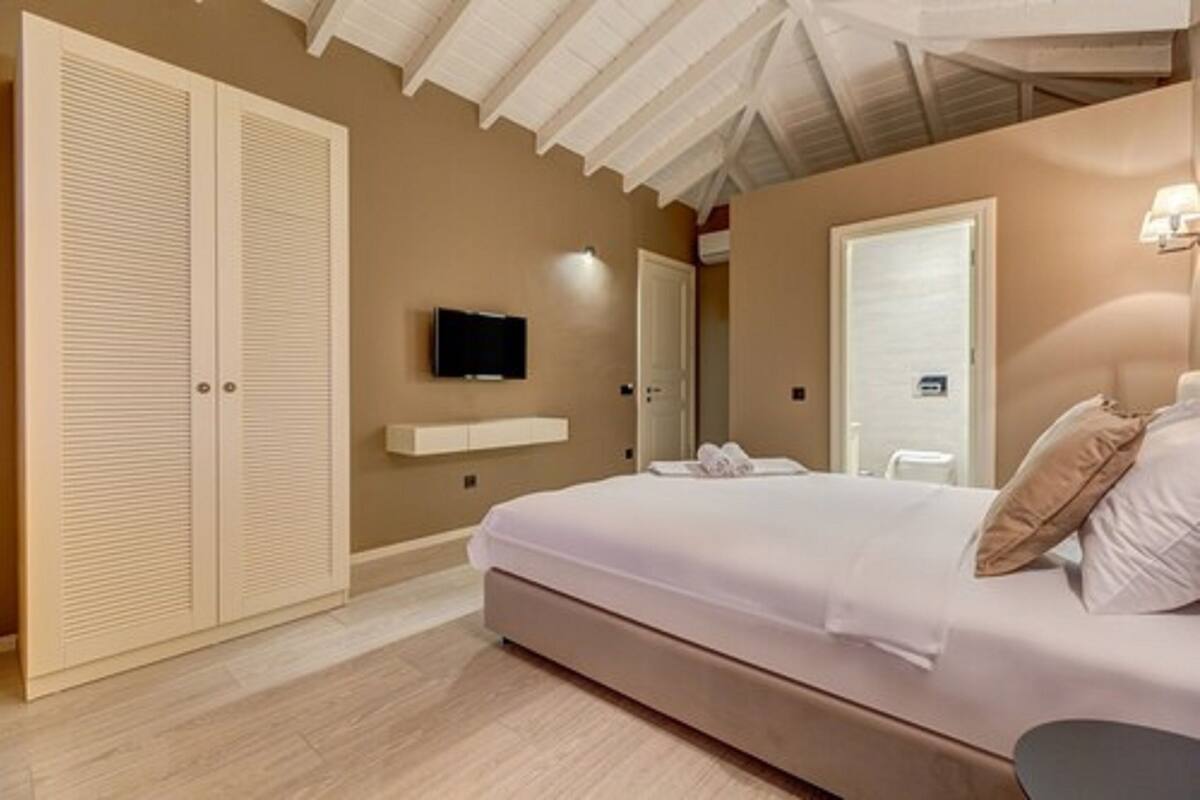 A bedroom with a bed, a TV, a wardrobe, and a mirror.