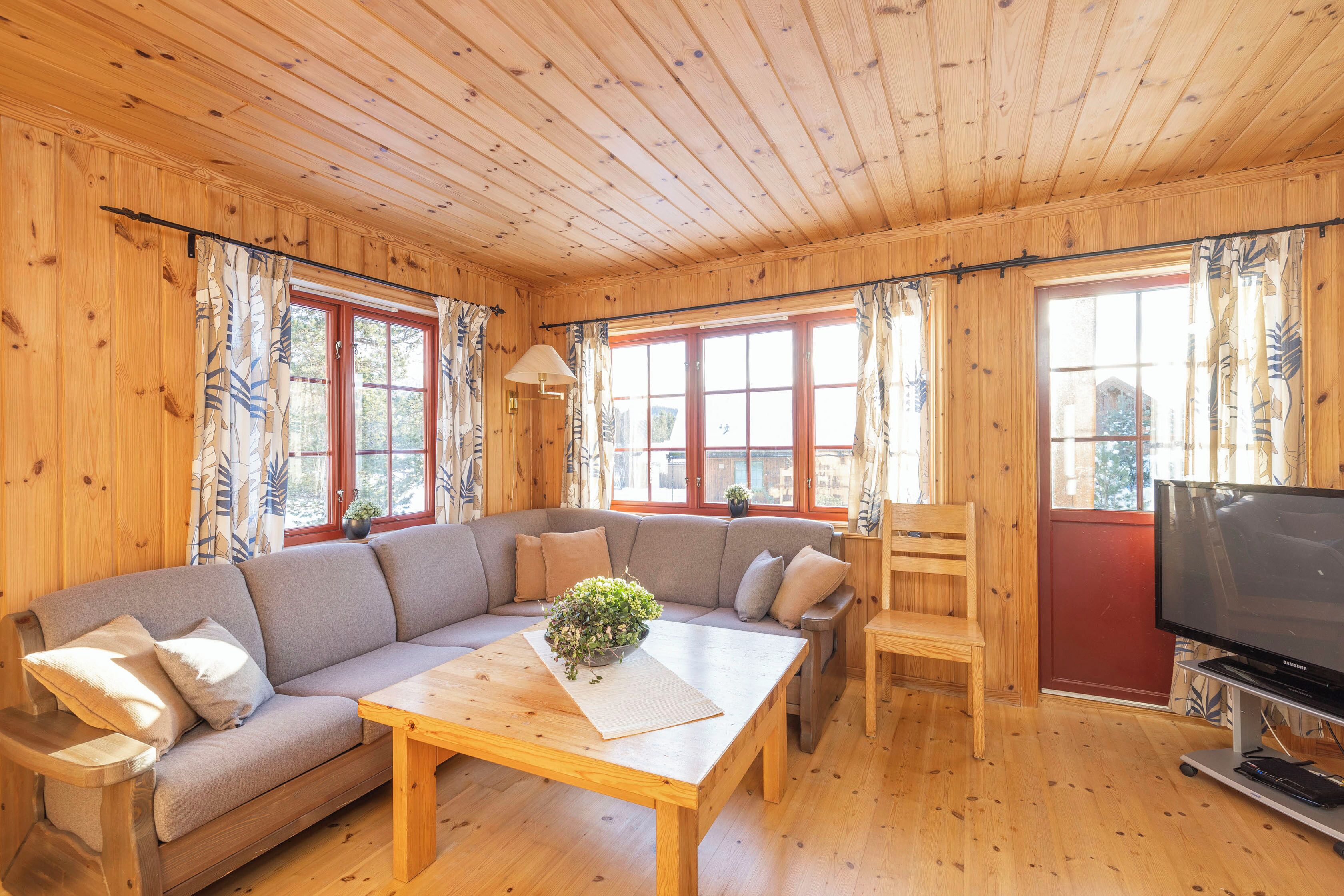 A wooden cabin interior with a sofa, a coffee table, a television, and large windows.