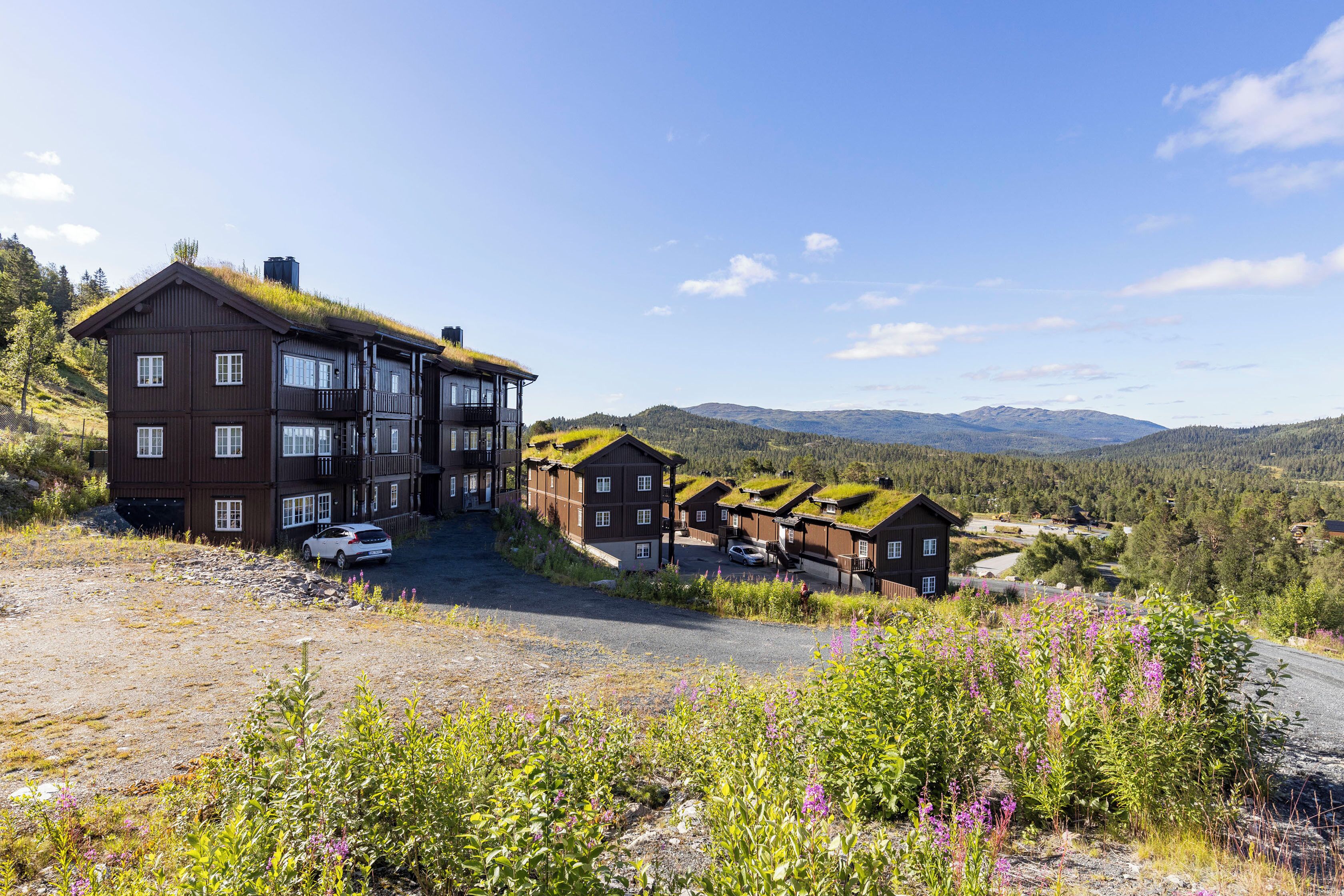 A multi-story building with a green roof, a parking area, and a view of the surrounding landscape.