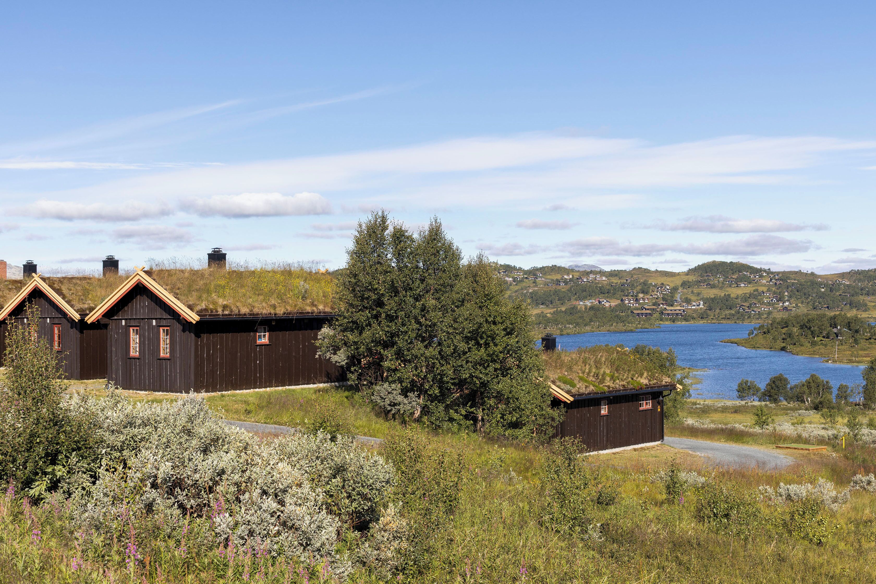 A row of traditional wooden houses with grass roofs, surrounded by natural vegetation and a lake in the background.