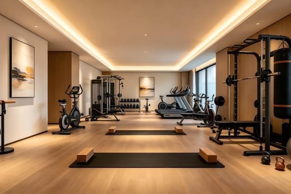 A modern gym with exercise equipment, a treadmill, and a stationary bike.