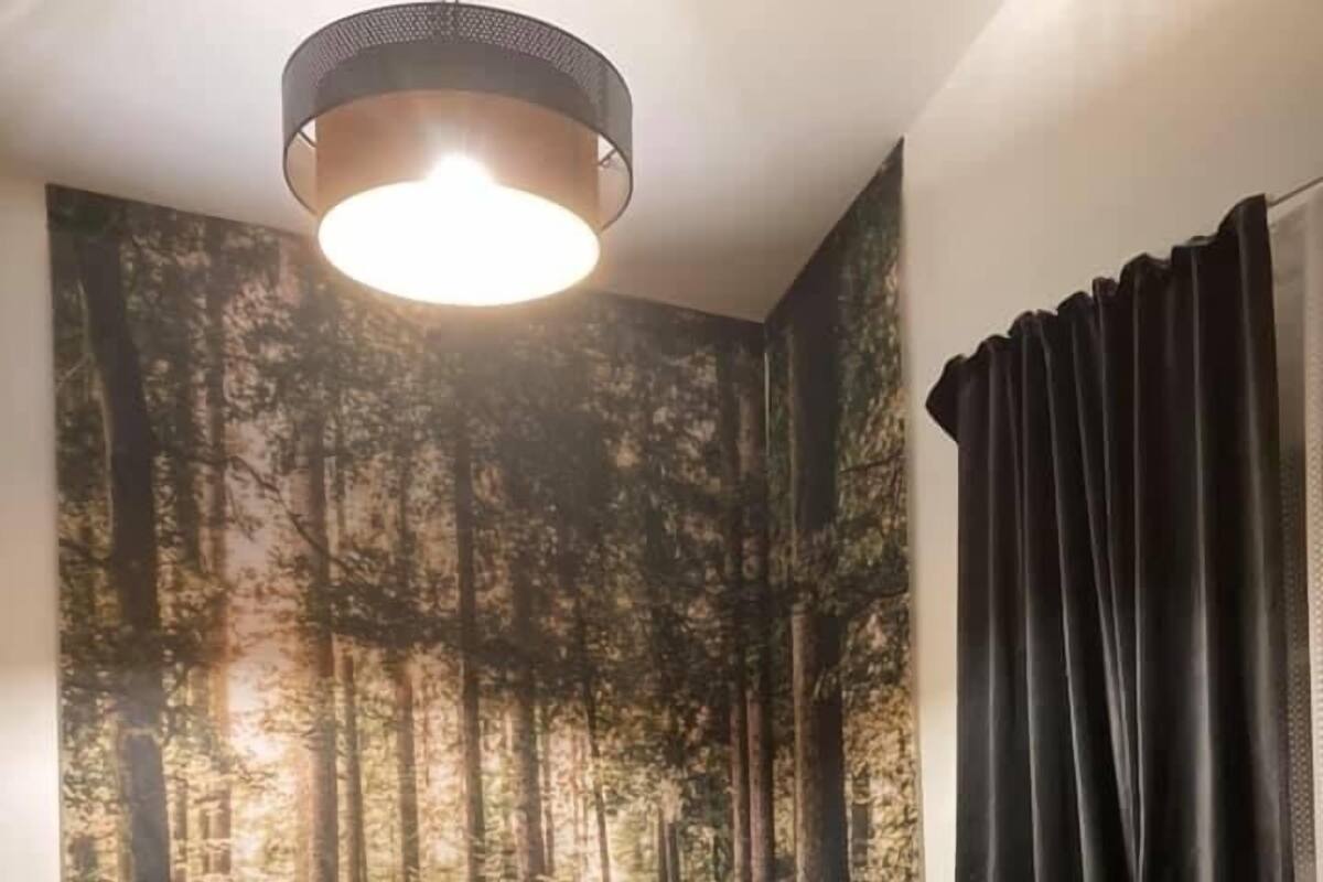 Una zona de menjador amb una taula rodona, dues cadires, un vas amb plantes i una paret decorada amb un tema forestal.