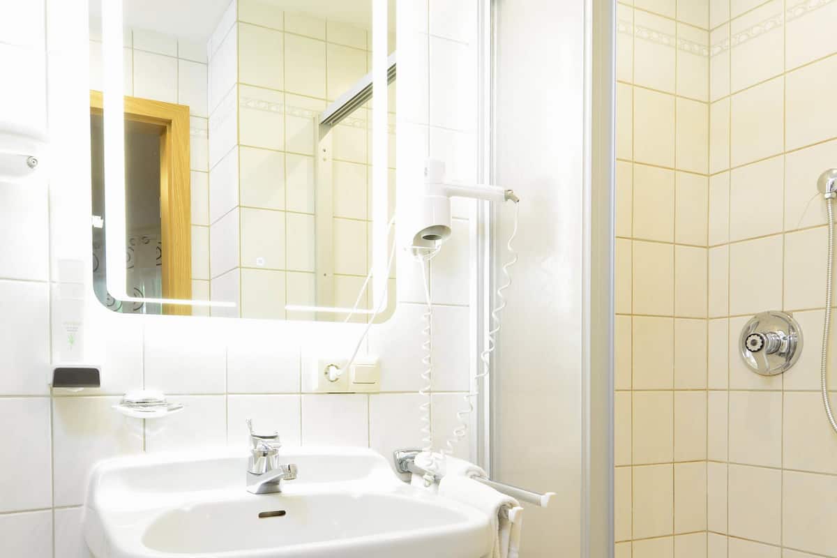 shower, free toiletries, hair dryer, towels