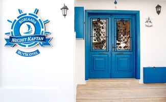 A blue door with decorative glass panels and a sign with a sailboat logo.