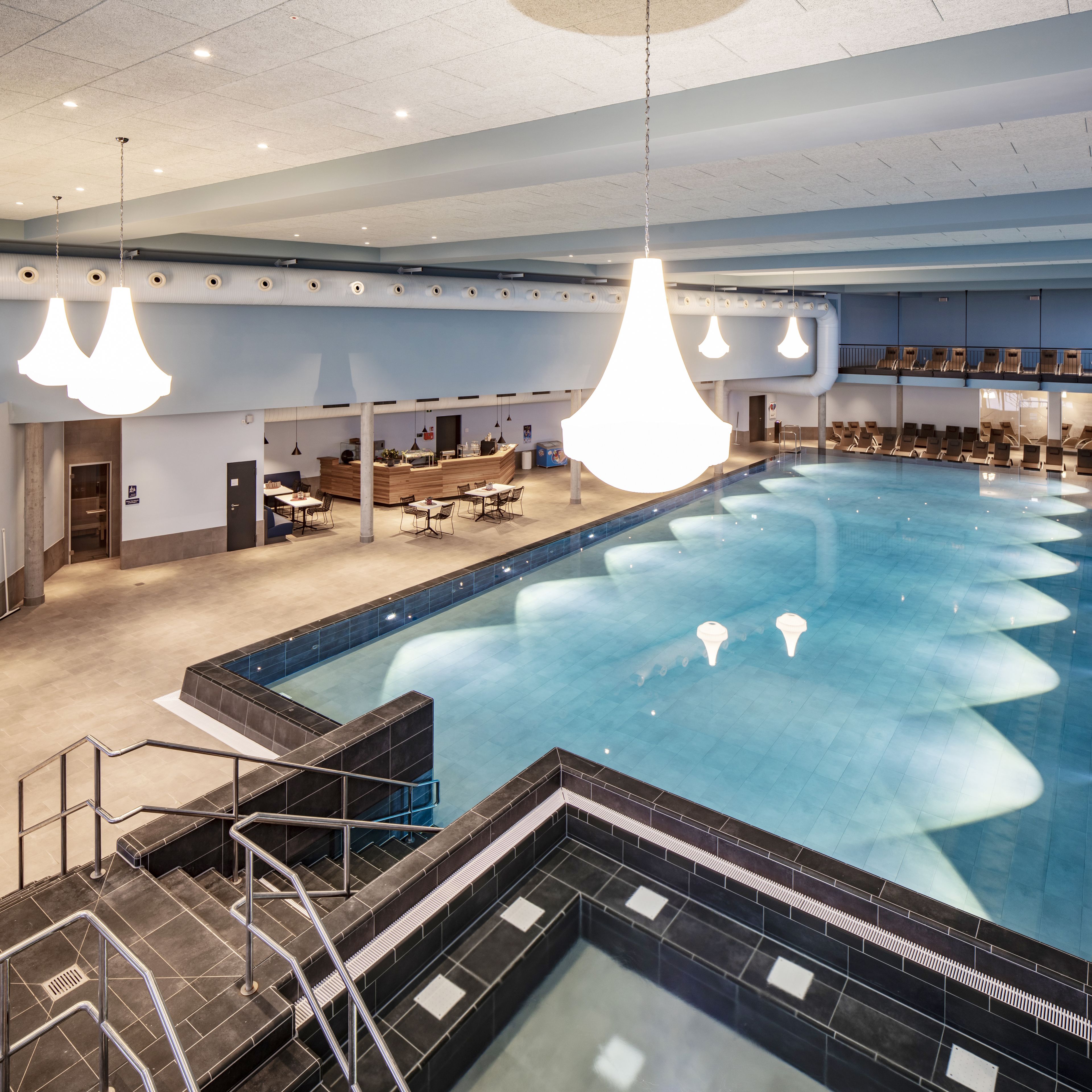 indoor pool, outdoor pool, pool loungers