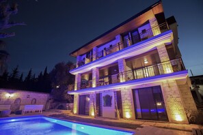 Outdoor pool, pool umbrellas, pool loungers
