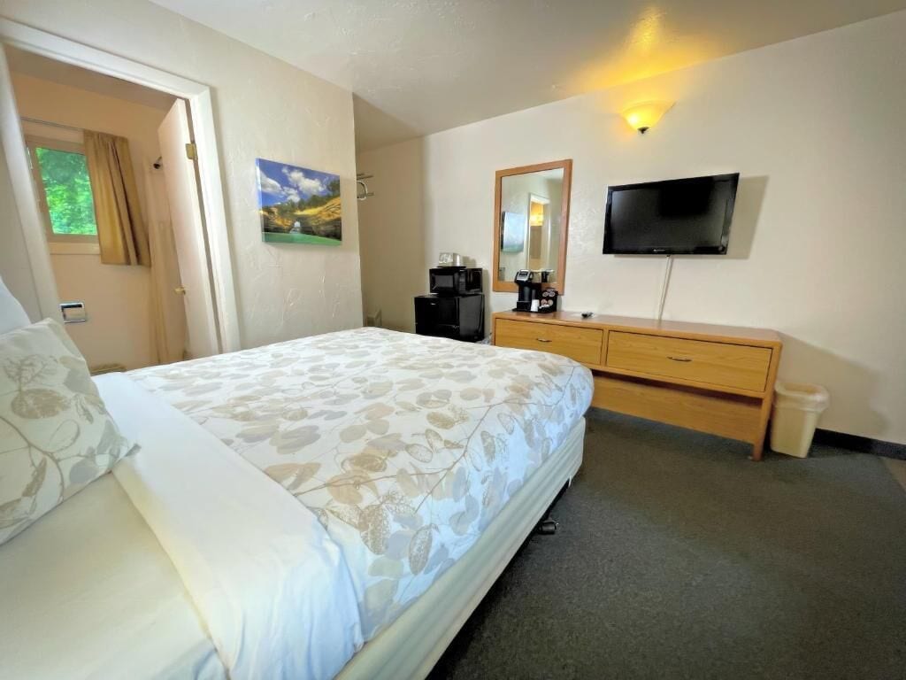 Una habitación de hotel con una cama, un aparador, un televisor y una cafetera.
