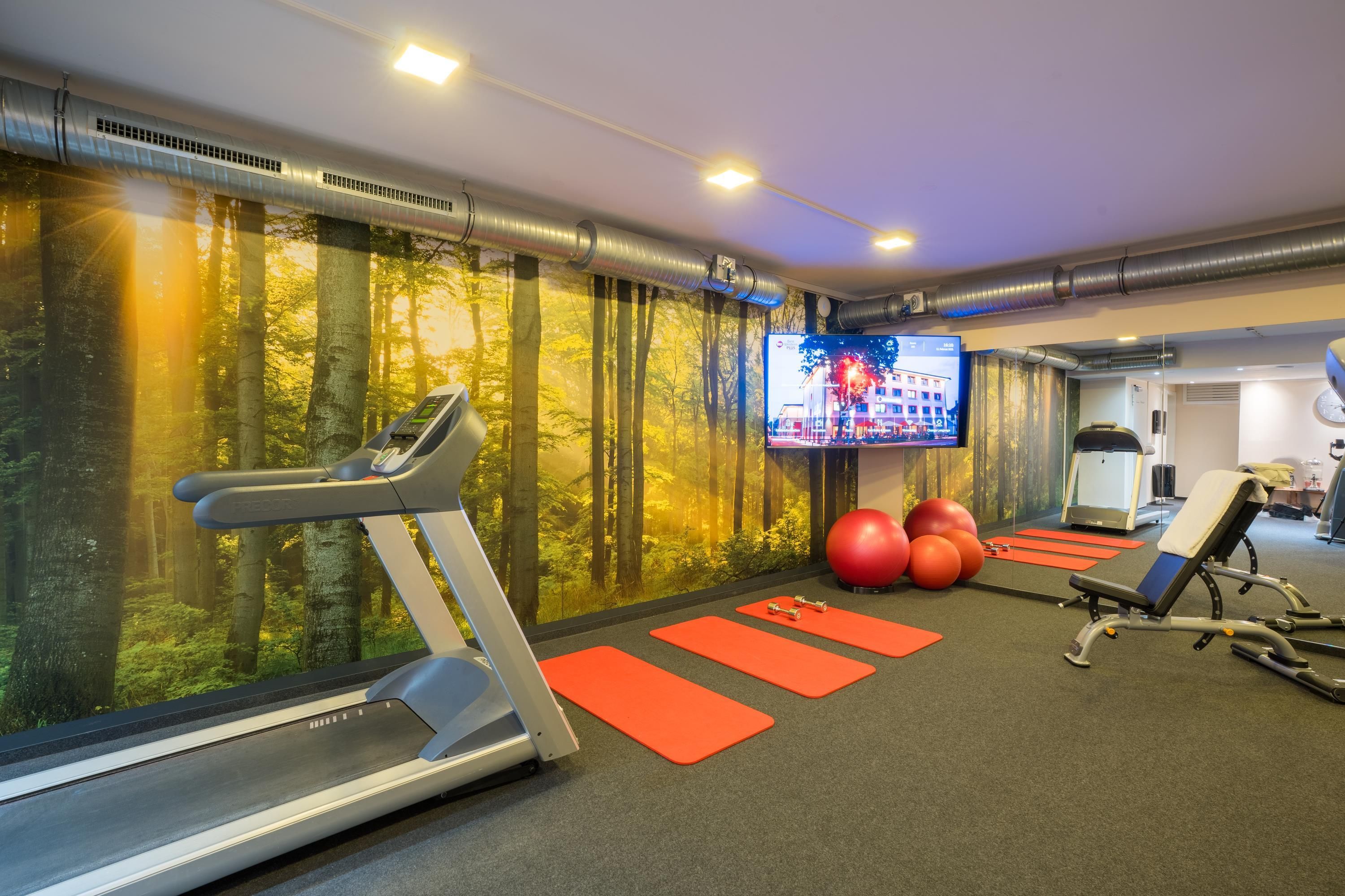 Ein Fitnessraum mit Laufband, Trainingsbällen und einem Fernsehbildschirm.