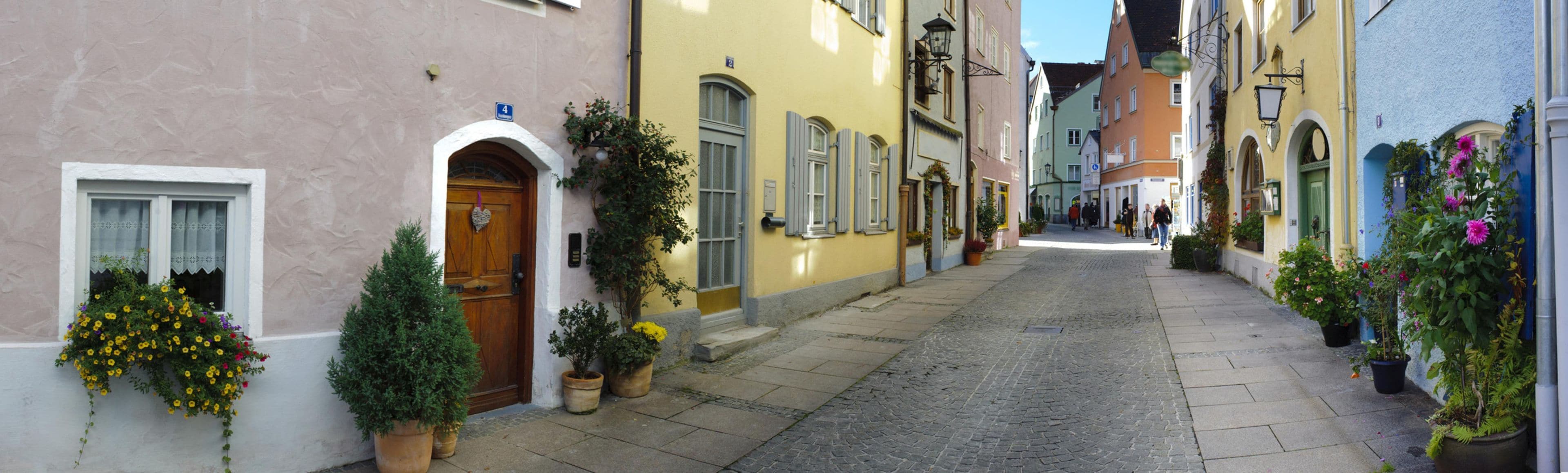 Calle adoquinada bordeada de edificios con puertas y ventanas de arco, con plantas y flores en los senderos.