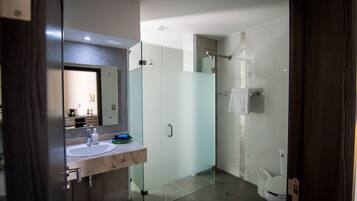 A modern bathroom with a glass-enclosed shower, a white sink, and a toilet.