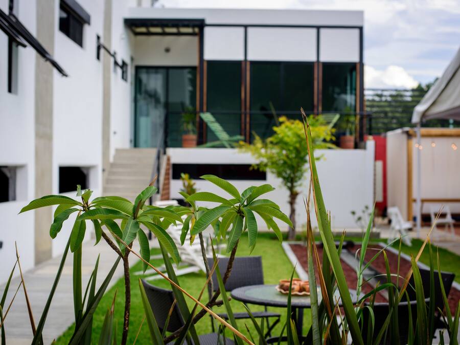 Un patio moderno al aire libre con una mesa y sillas para comer, rodeado de follaje y un edificio con amplias ventanas.