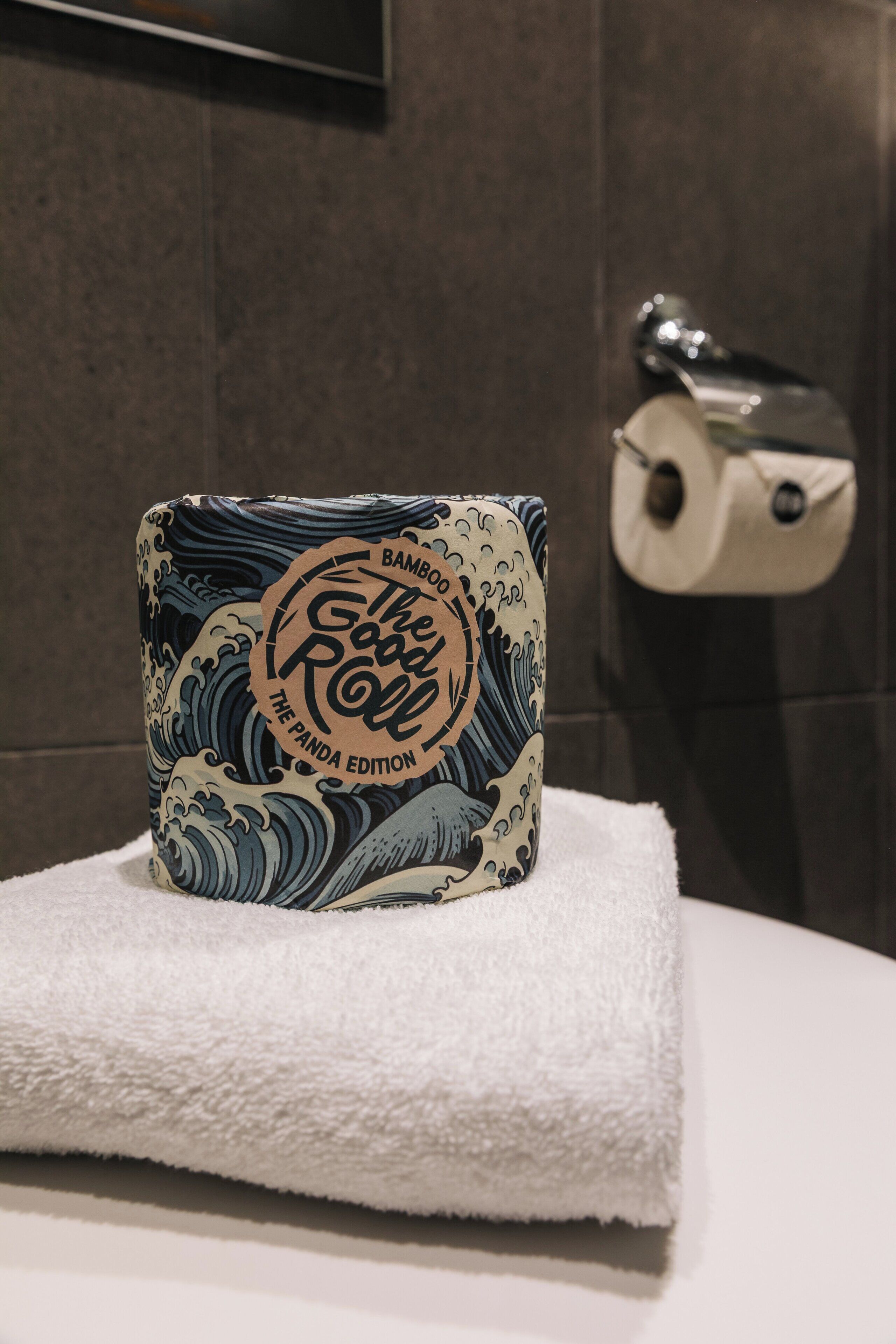 A bathroom with a towel, a toilet paper holder, and a wall-mounted mirror.