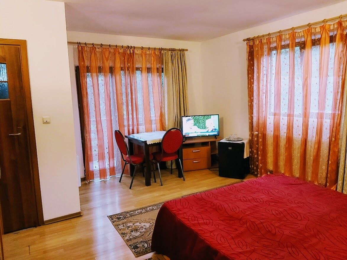A room with a bed, a desk with a computer, a chair, and a television.