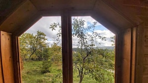 A window with a view of a grassy field and trees. - Pensiunea Agroturistica Piscul Soarelui (Godeni)