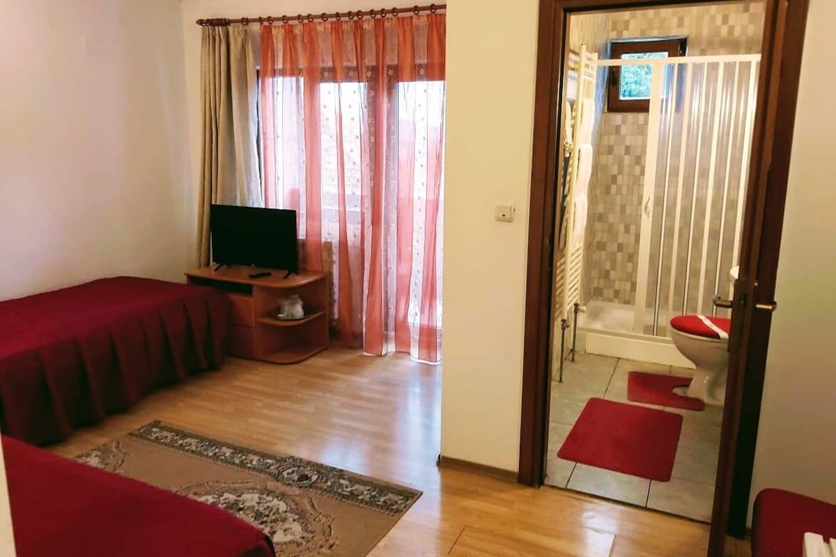 A room with two beds, a TV, a small table, and a bathroom with a shower and toilet.