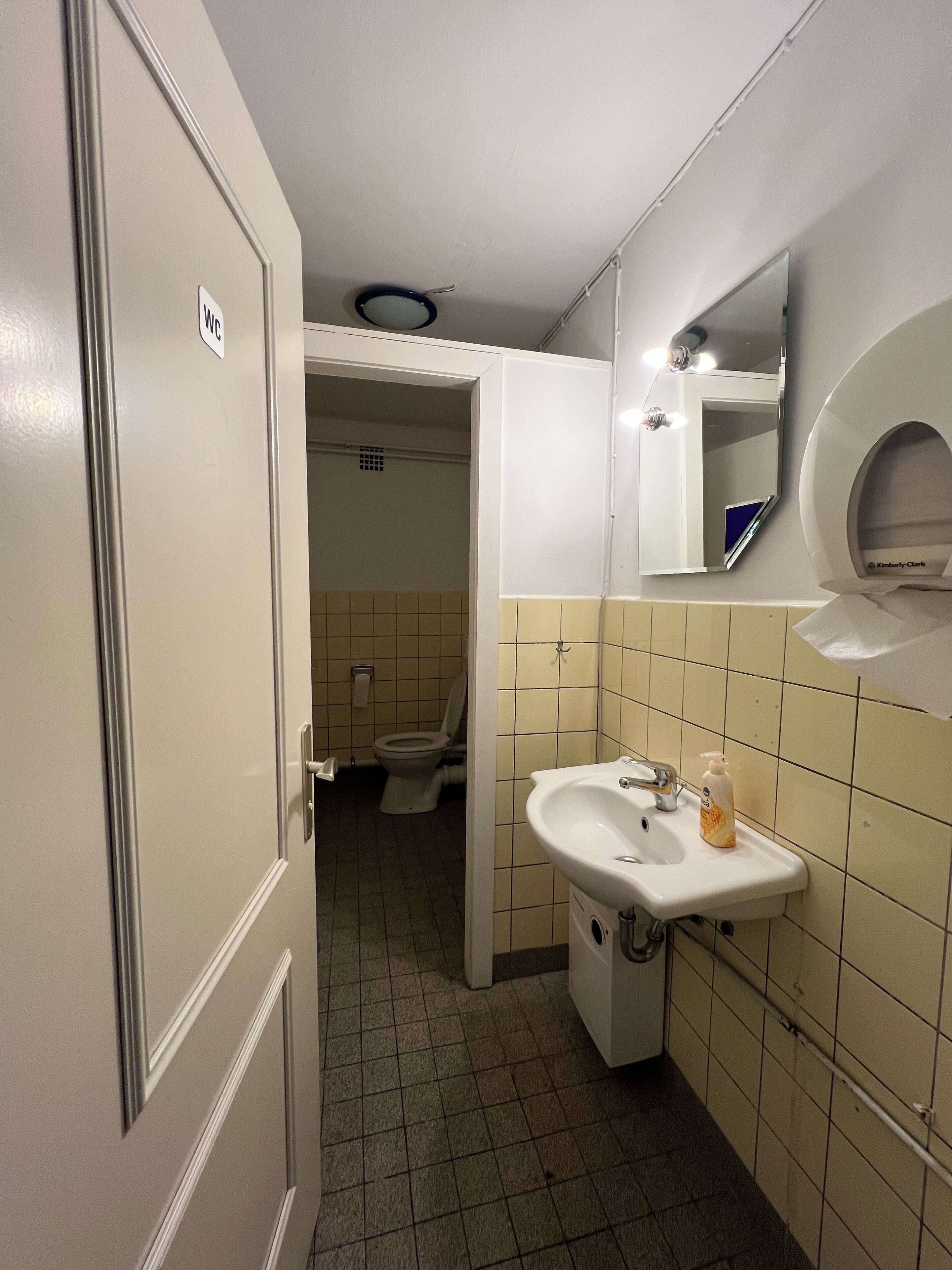 Un baño pequeño con inodoro, lavabo y espejo.
