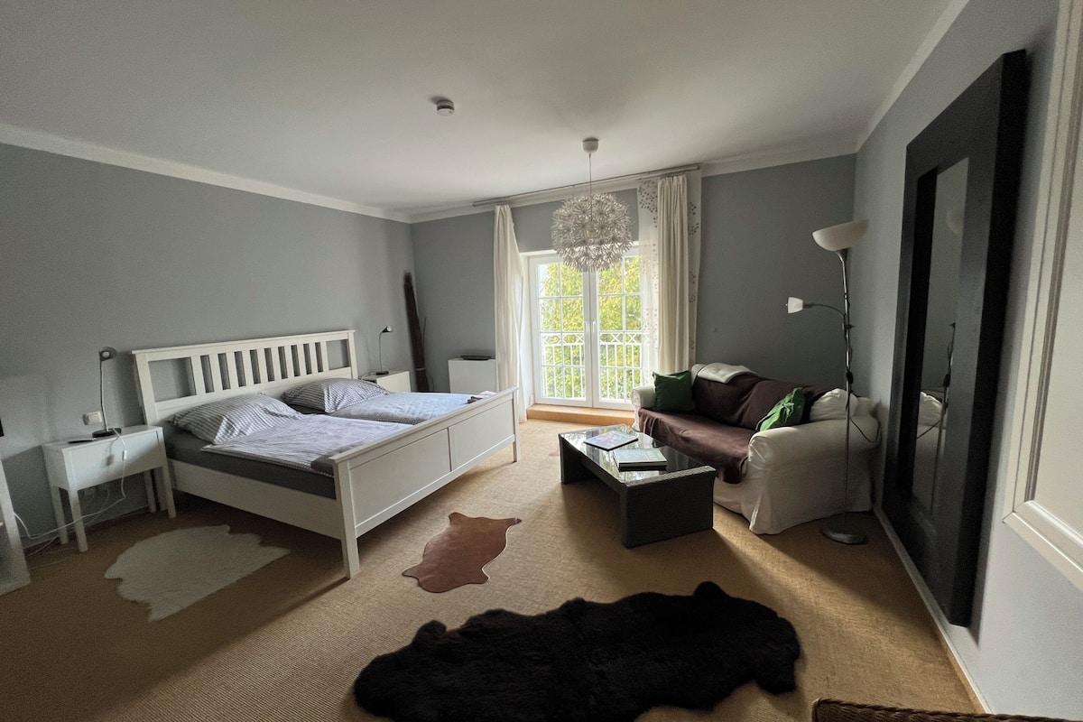 Un dormitorio con cama, sofá, mesa de centro, alfombra y un espejo grande.