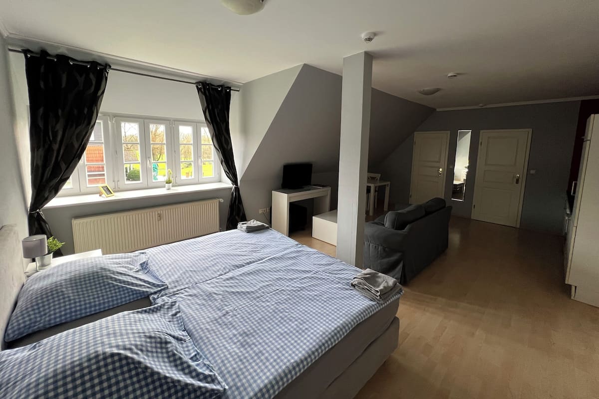 A bedroom with a bed, a TV, a desk, and a sofa. There is a window with curtains, a radiator, and a door leading to another room.