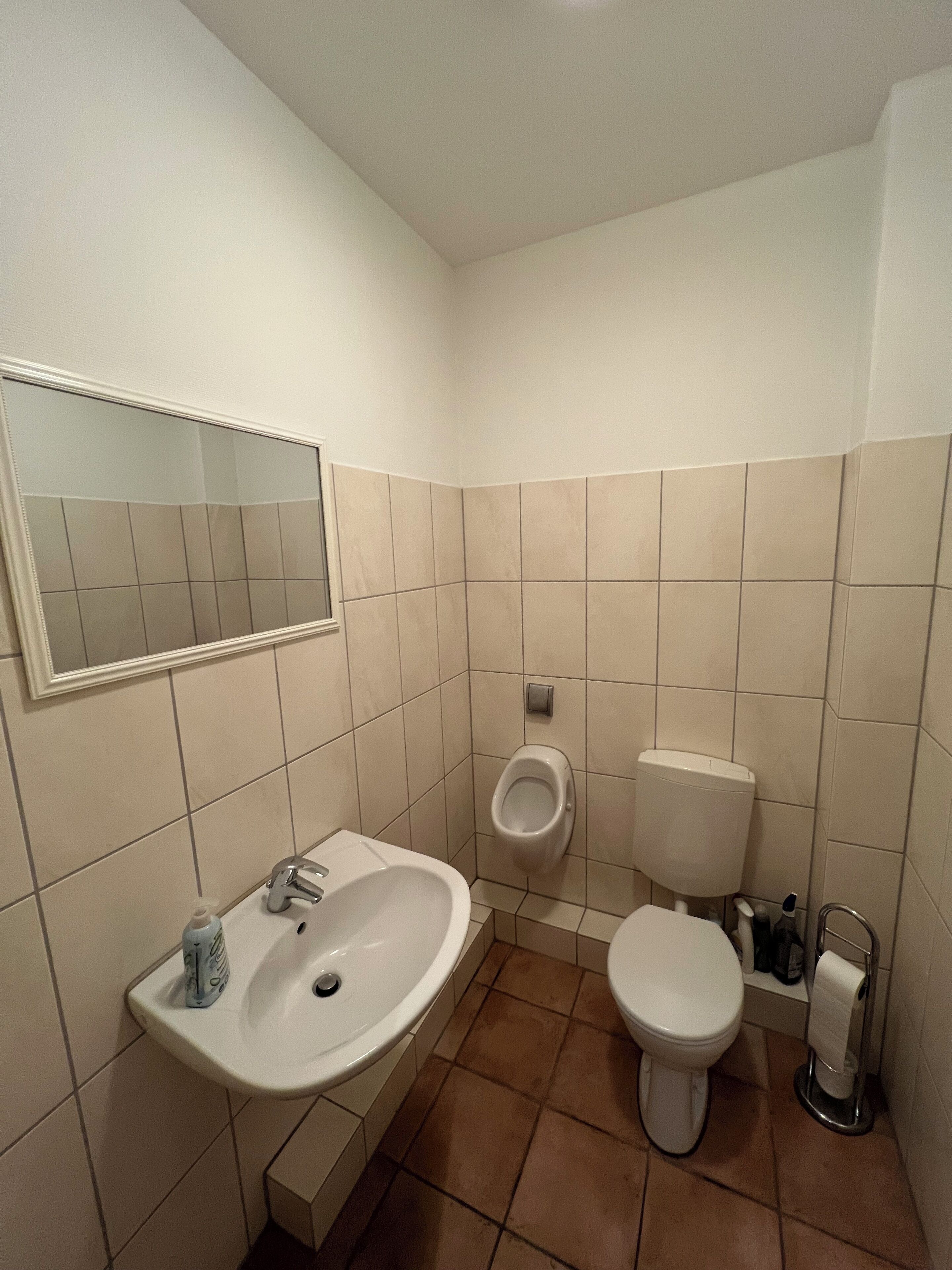 Baño con lavamanos, inodoro, orinal y espejo.