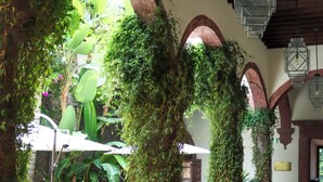 A spacious courtyard with tiled flooring, covered by a wooden ceiling, and surrounded by arches. - Hotel Casa Blanca 7 (San Miguel de Allende)