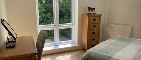A bedroom with a wooden desk, a chair, a dresser, a radiator, and a window with a view of greenery.