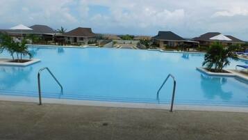 Outdoor pool, pool umbrellas, pool loungers