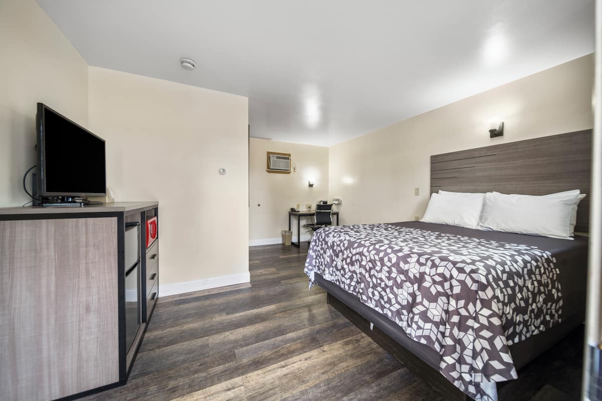 A hotel room with a bed, a desk, a television, and a small kitchenette.