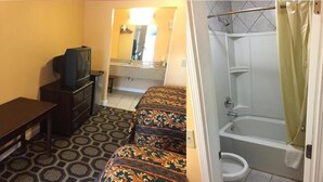 A room with a bed, a dresser, a television, a bathroom with a bathtub and toilet.
