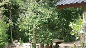 A rustic outdoor seating area with a wooden table and benches, surrounded by trees and a stone structure. - Tierras del Sur I (Villa La Angostura)