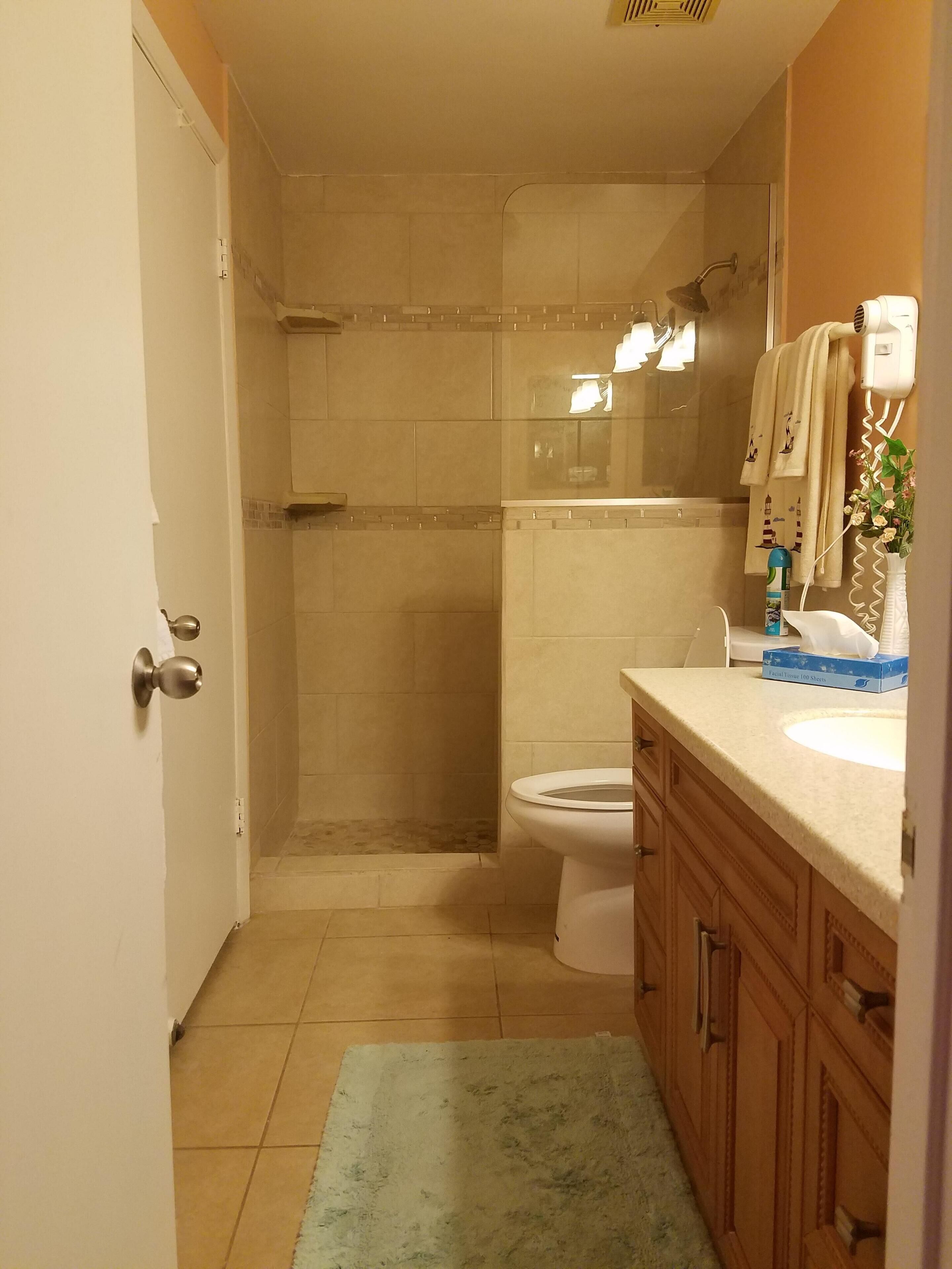 A bathroom with a shower, toilet, and vanity.